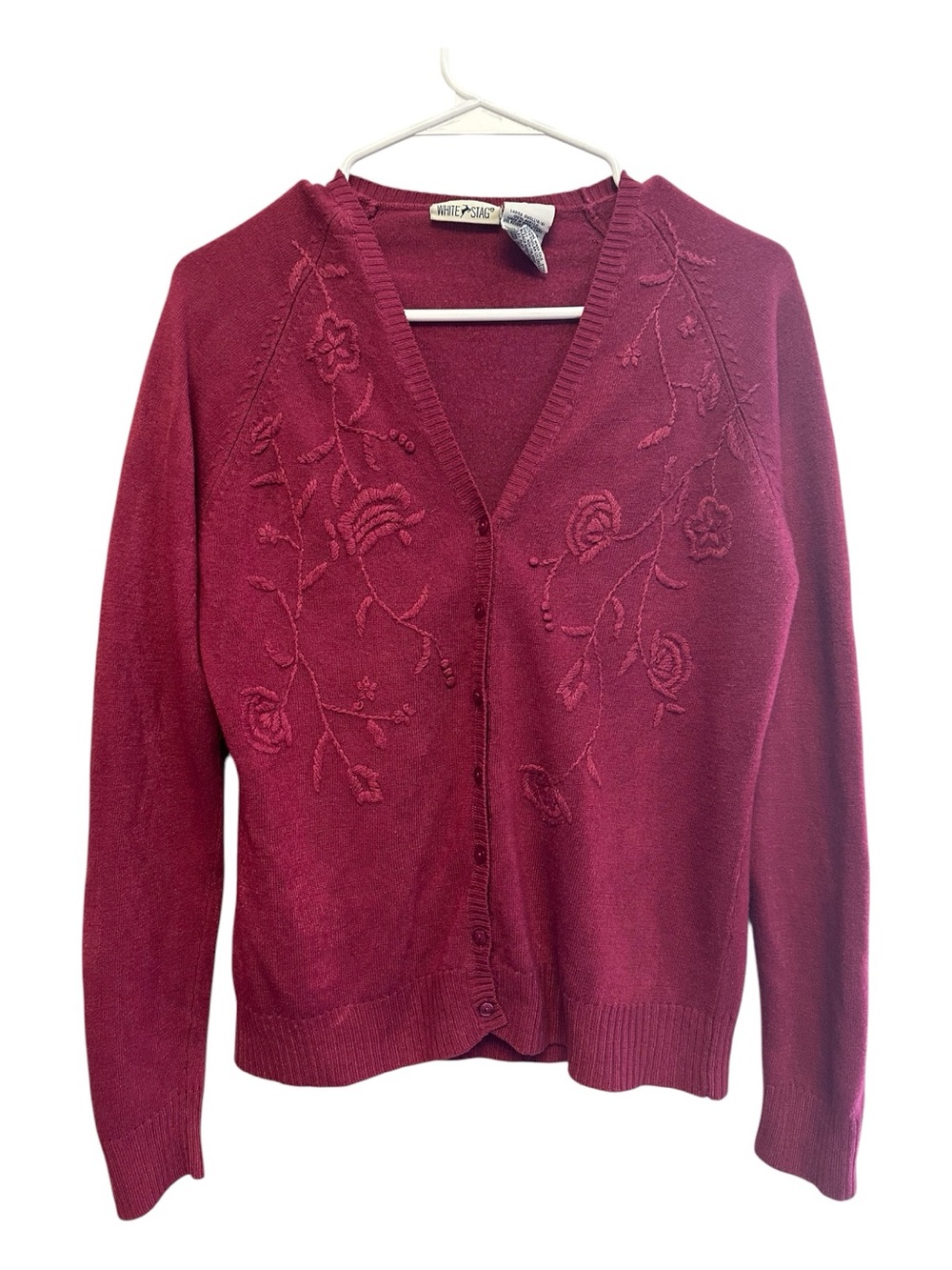 Vintage Y2K White Stag Burgundy Floral Embroidered V‑Neck Cardigan Small